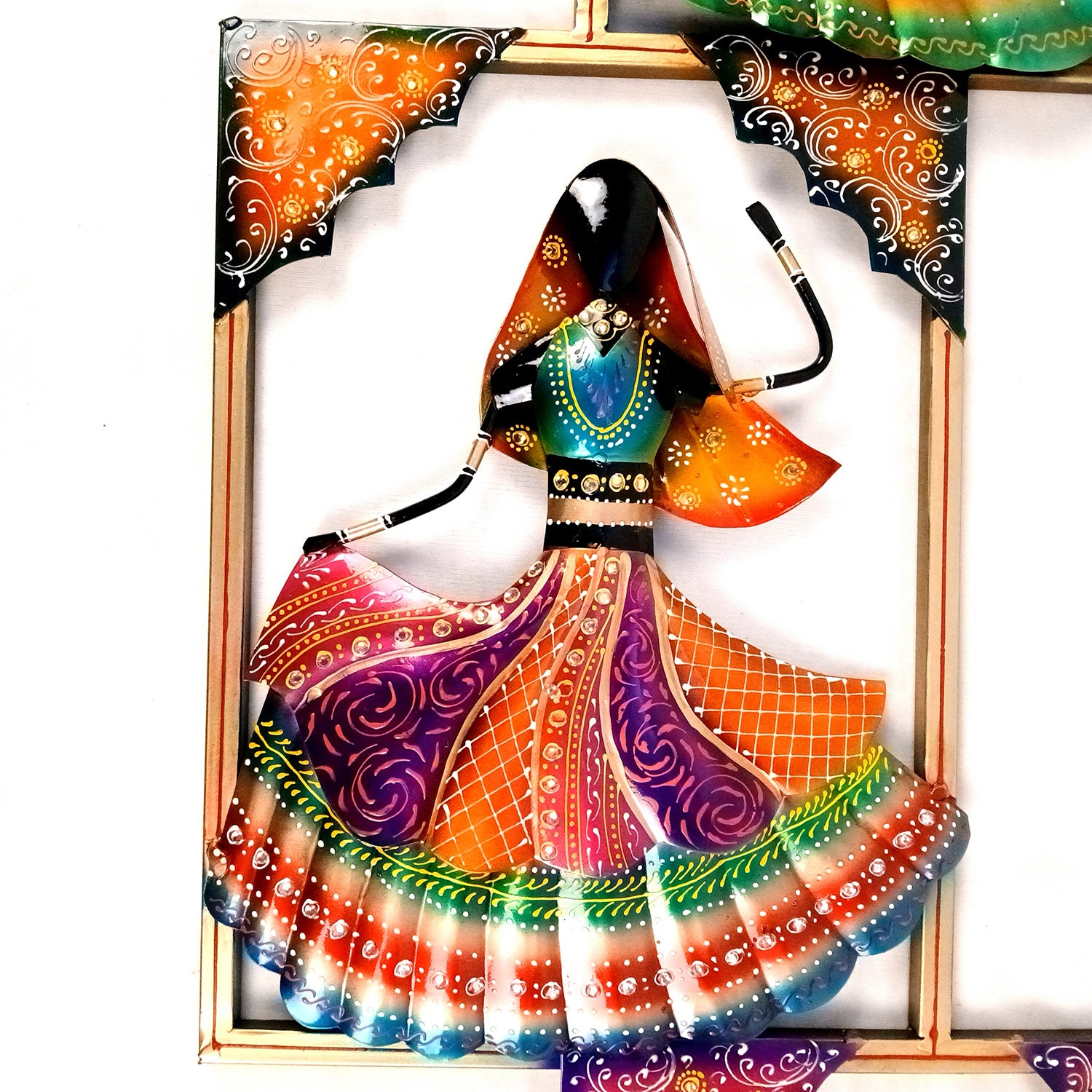 Dancing Ladies Wall Hanging - Jharokha Design | Metal Wall Art With Vibrant Hand Painting - For Home, Big Walls, Living Room, Large Spaces & Gifts - 44 Inch - Apkamart