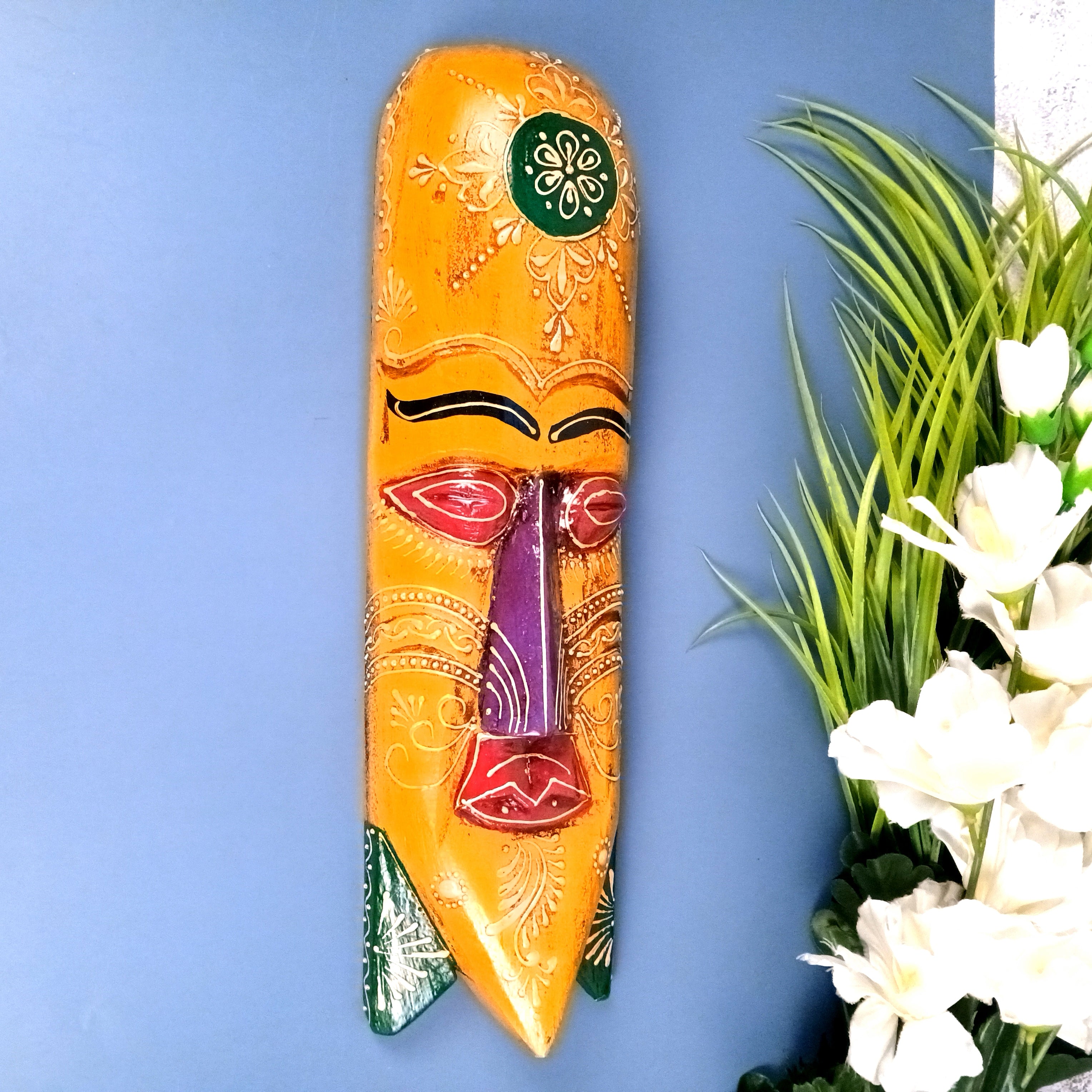Wooden Wall Hanging Mask Showpiece | Decorative Mask for Home Wall Decor | Handcrafted Wooden Art | Premium Ethnic Showpiece for Living Room - 15 Inch - Apkamart