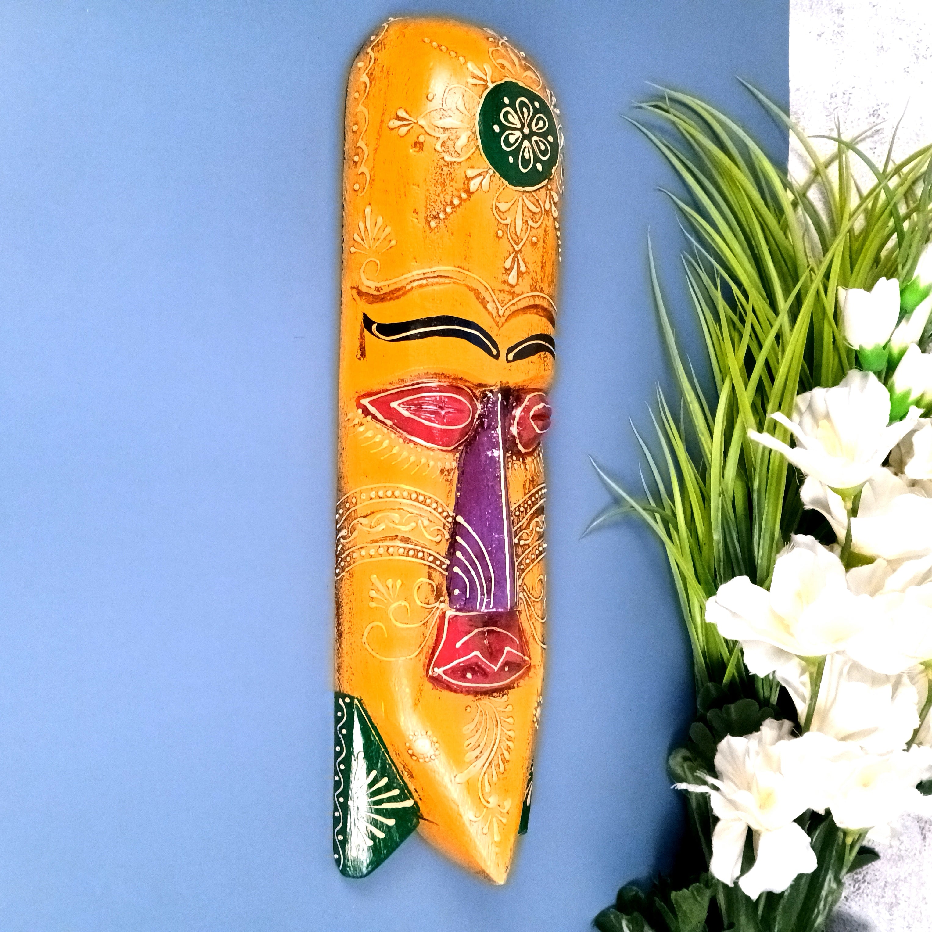 Wooden Wall Hanging Mask Showpiece | Decorative Mask for Home Wall Decor | Handcrafted Wooden Art | Premium Ethnic Showpiece for Living Room - 15 Inch - Apkamart