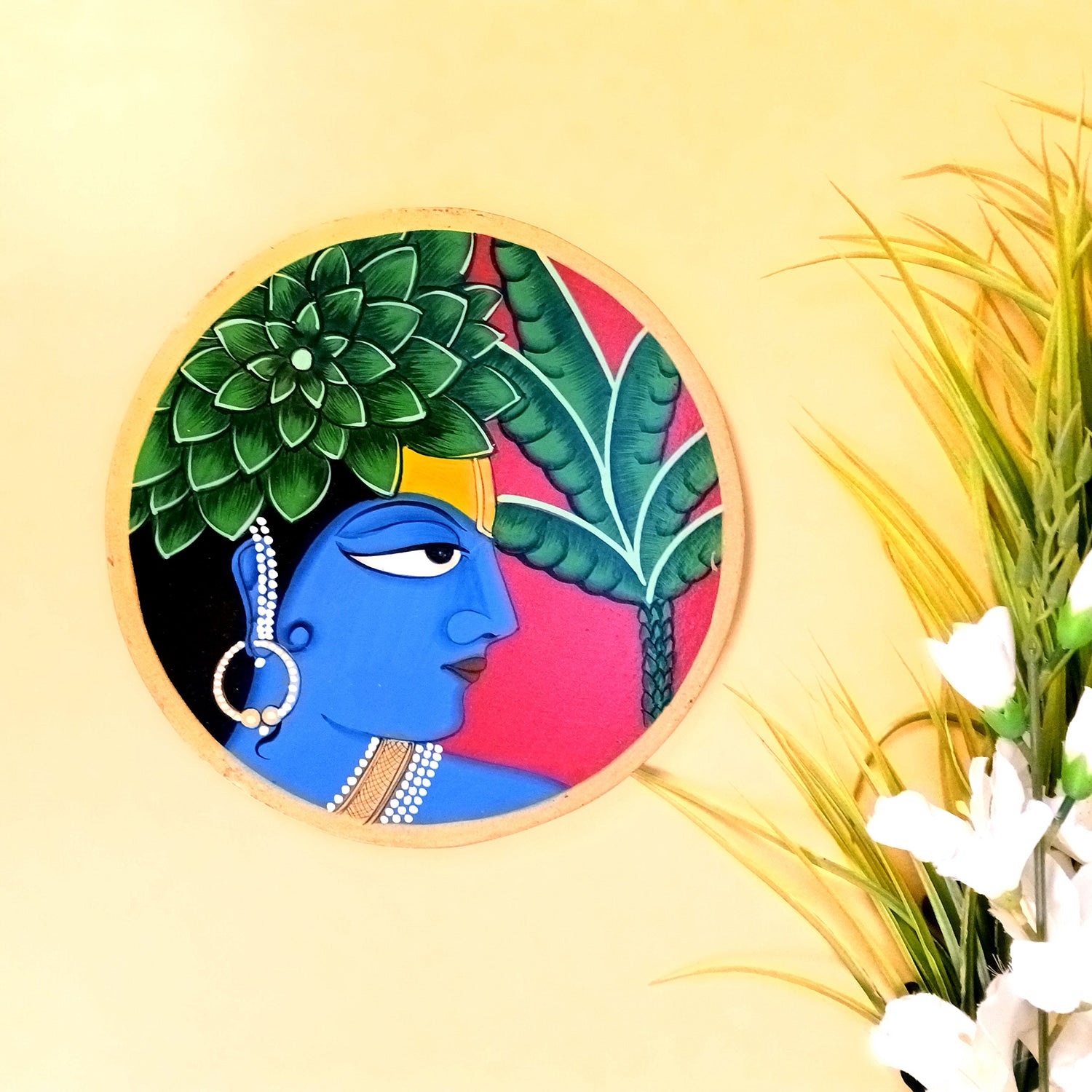 Wall Plate | Wooden Wall Hanging Plates - Krishna Wall Art - For Home Decor, Living Room, Office | Gift for Wedding, Housewarming, Festivals - 10 Inch - Apkamart #Colour_Red