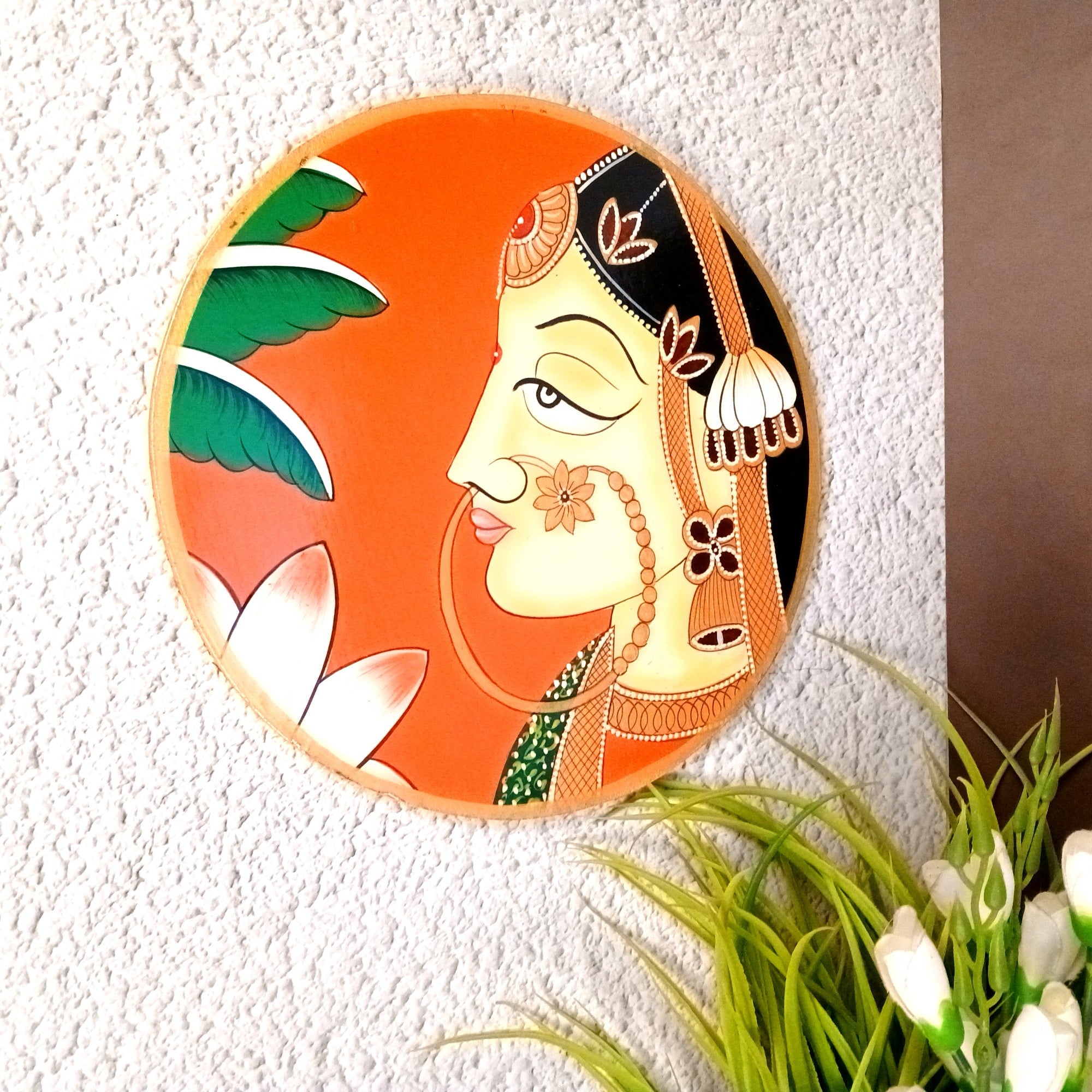 Wooden Wall Plate Wall Hanging – Decorative Plate with Lady Face Design | Handcrafted Wooden Wall Art for Home Decor, Living Room & Gifting - 10 Inch - Apkamart
