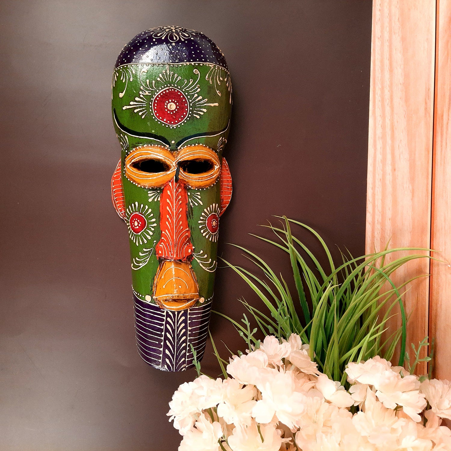 Wall Mask Wooden - African Style | Tribal Mask Rustic Decor - for Ethnic Home, Wall Decor & Gifts - 15 Inch - Apkamart #Color_Green