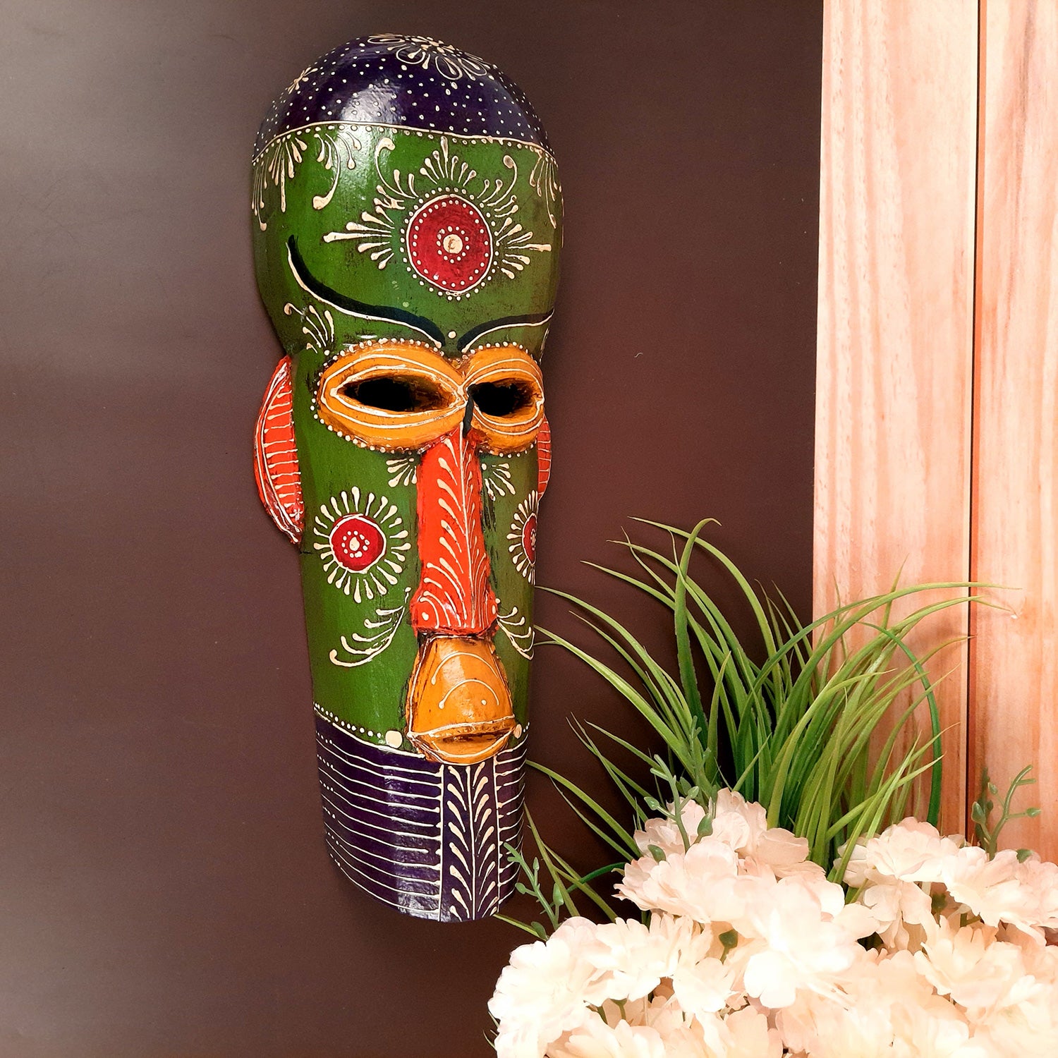 Wall Mask Wooden - African Style | Tribal Mask Rustic Decor - for Ethnic Home, Wall Decor & Gifts - 15 Inch - Apkamart #Color_Green
