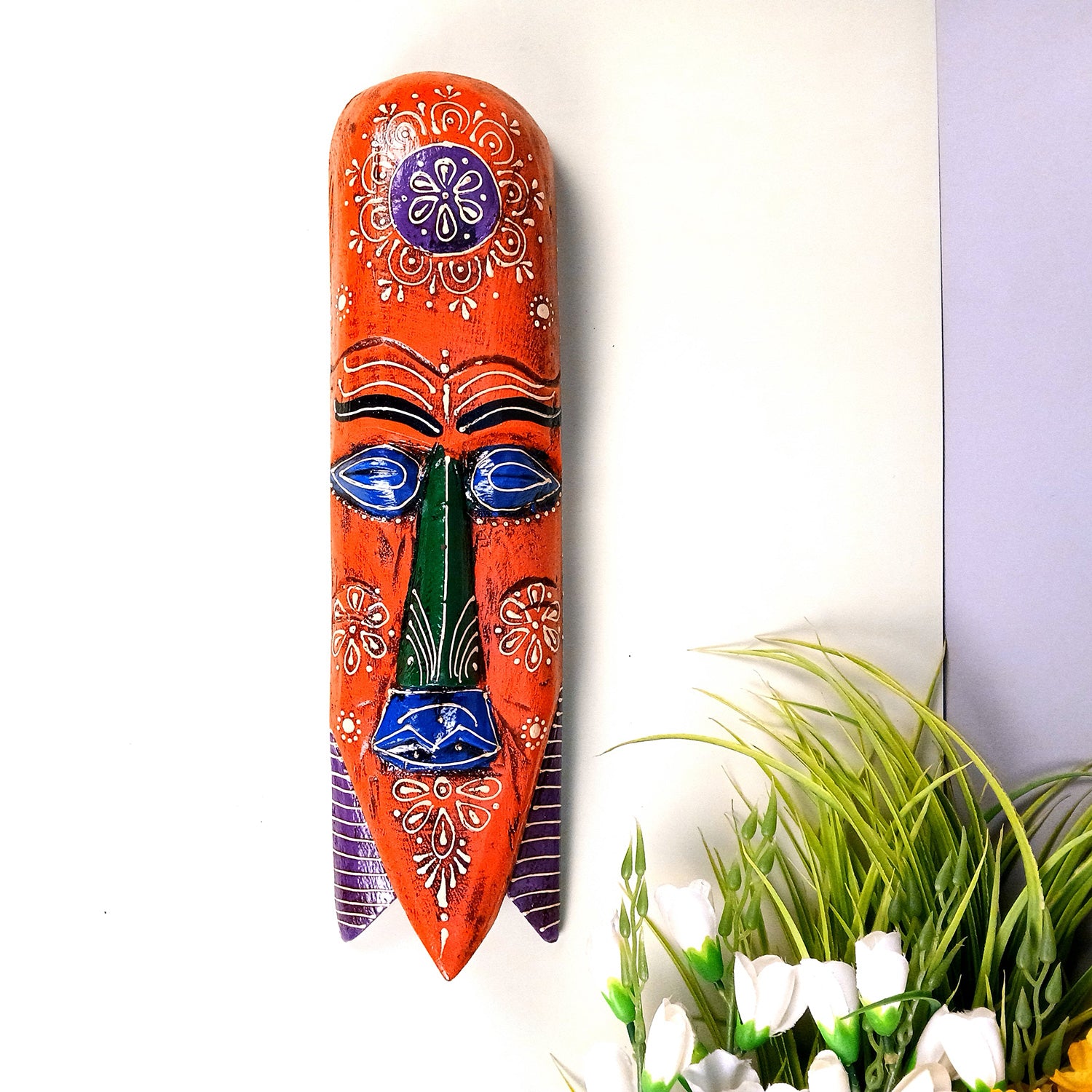 African Egyptian Face Wall Mask Hanging | Nazar Battu | Long Tribal Masks for Home Entrance & Living Room | Wooden Mask hangings for House, Door, Hall-Way, Balcony Decoration - 15 Inch - apkamart #Color_Orange