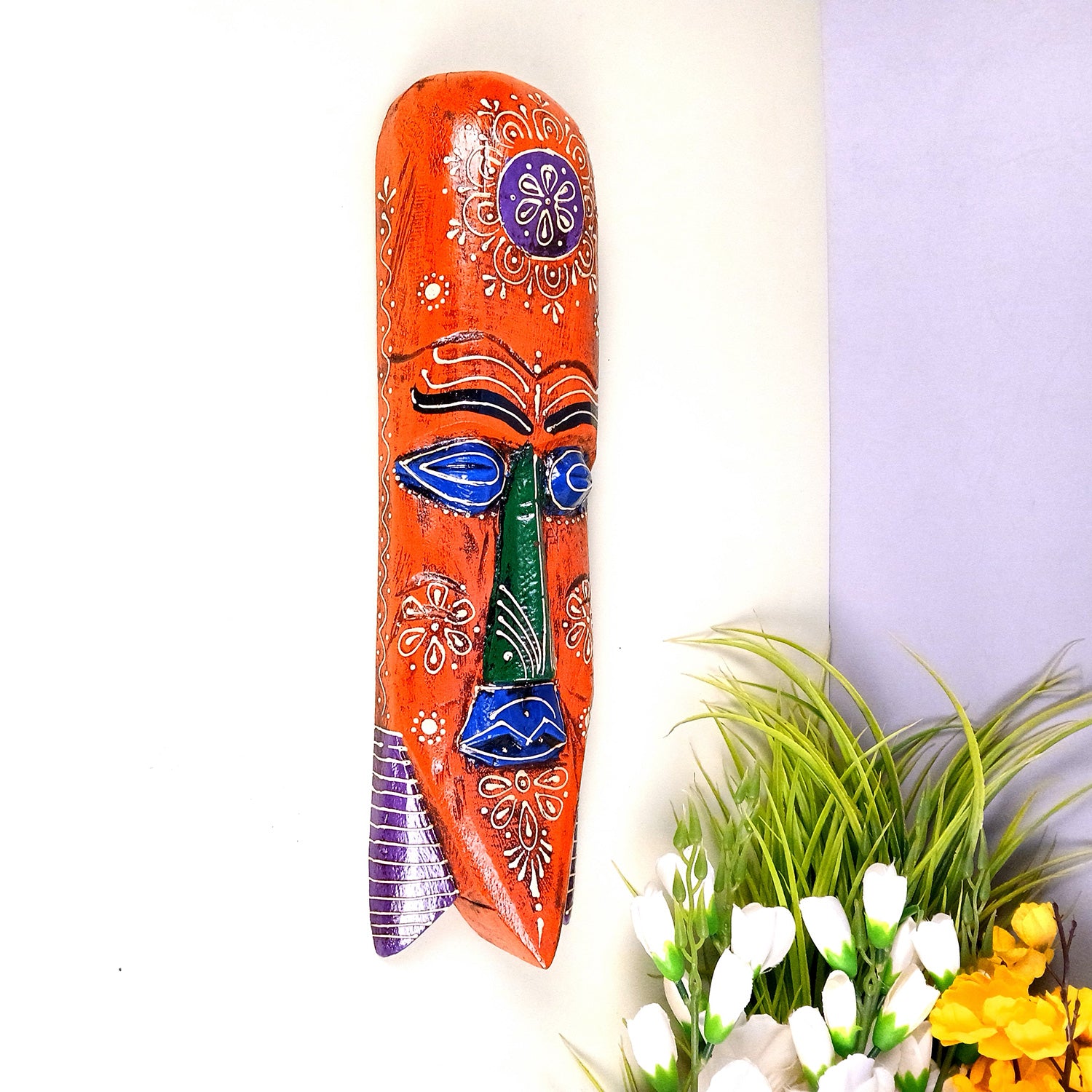 African Egyptian Face Wall Mask Hanging | Nazar Battu | Long Tribal Masks for Home Entrance & Living Room | Wooden Mask hangings for House, Door, Hall-Way, Balcony Decoration - 15 Inch - apkamart #Color_Orange