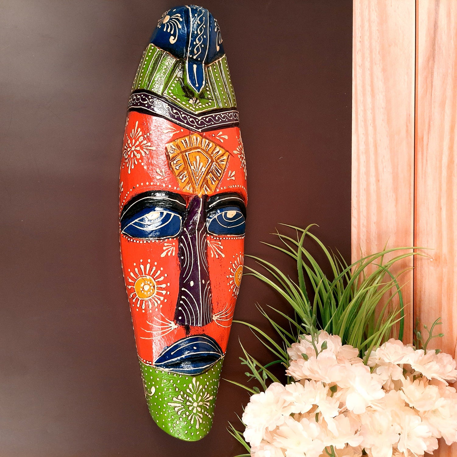 Mask Wall Hanging |Nazar Battu | Tribal Masks for Home Entrance & Living Room - for Home, Door, Hall-Way, Entrance, Balcony Decoration - 18 Inch - Apkamart #color_Orange