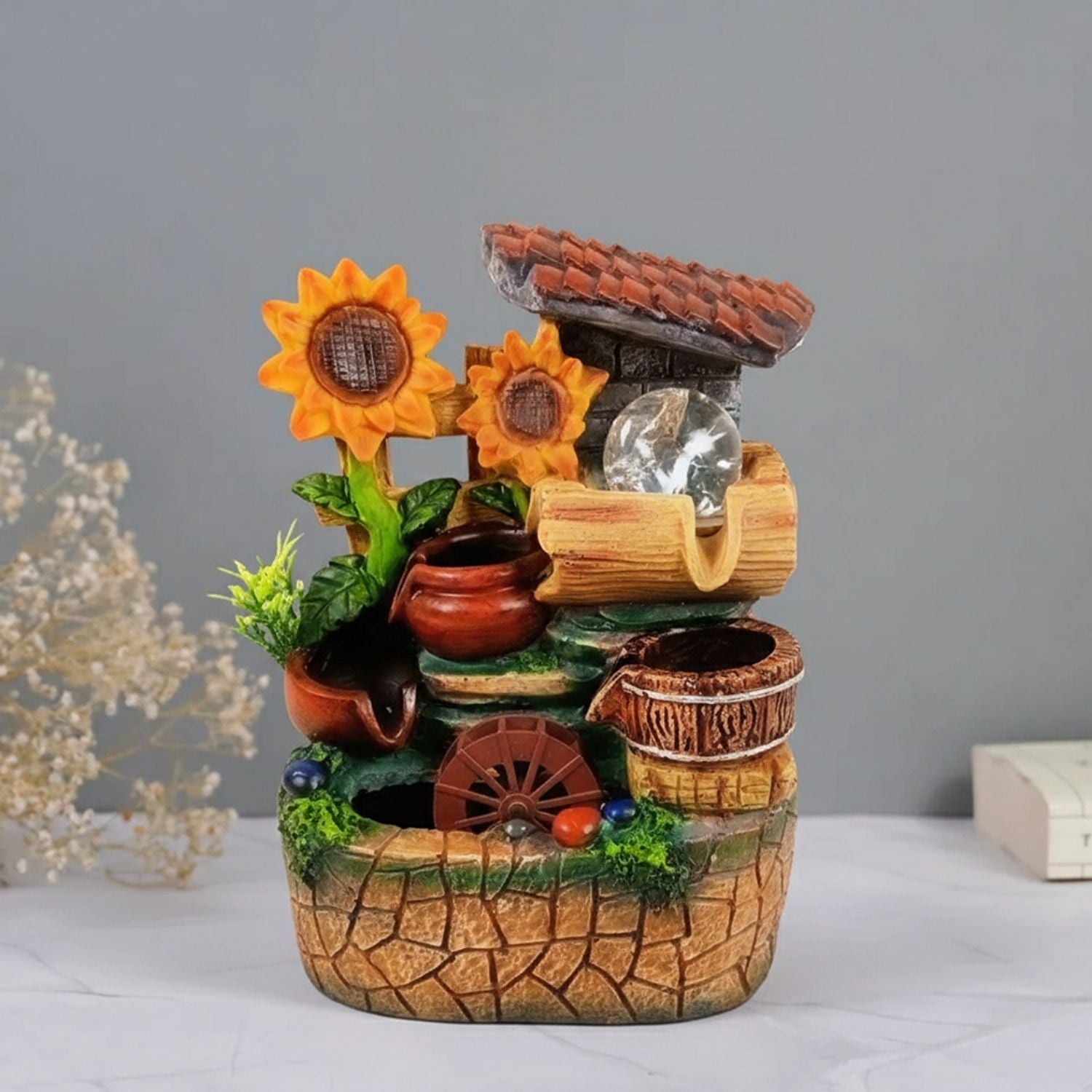 Indoor Water Fountain with LED Lights | Decoration Table Waterfall Cum Showpiece - For Vastu, Table, Office, Living Room, Home Decor | Wedding & House Warming Gift - 10 Inch - Apkamart