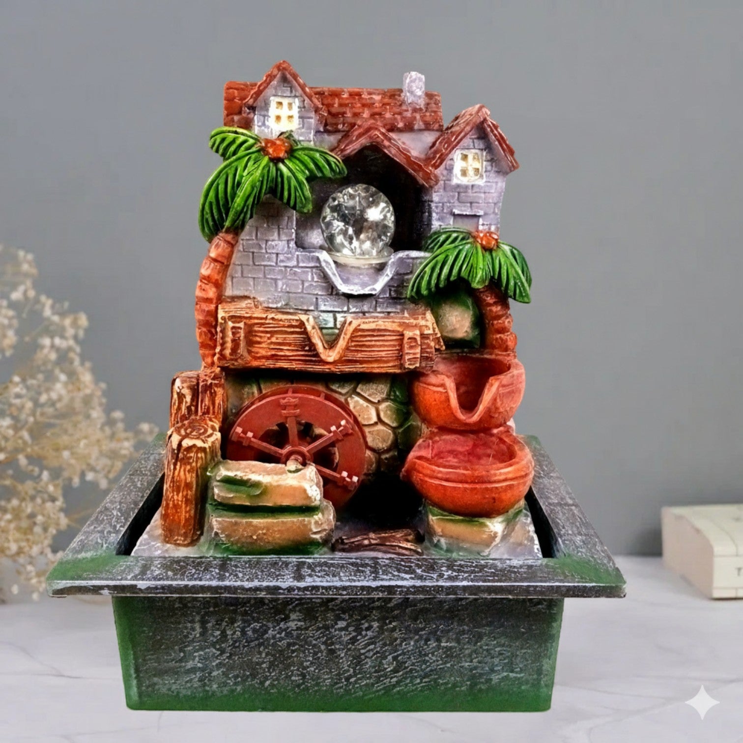 Water Fountain 3 Step LED Lights | Indoor Waterfall Showpiece - 14 Inch - Apkamart