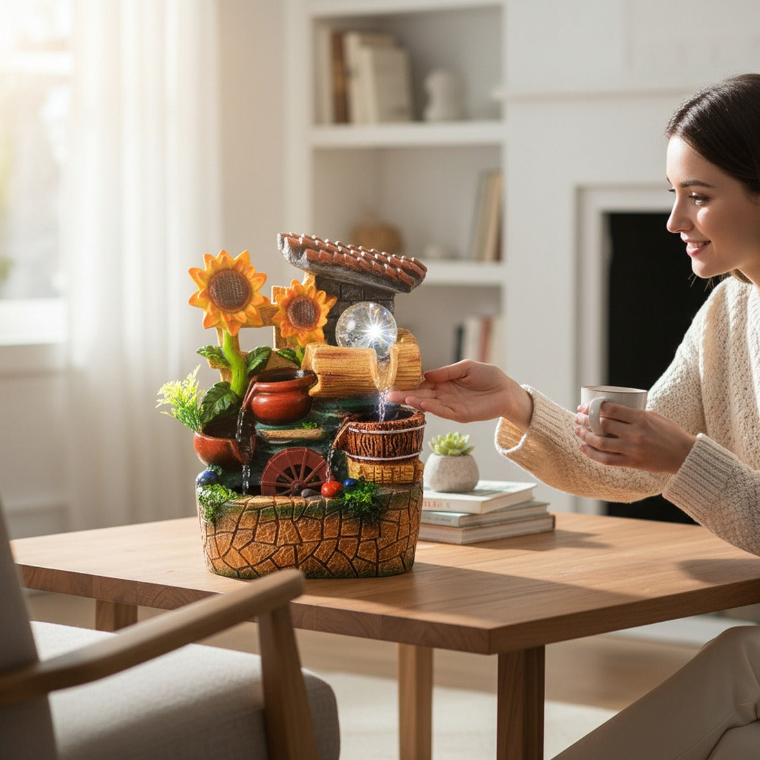 Indoor Water Fountain with LED Lights | Decoration Table Waterfall Cum Showpiece - For Vastu, Table, Office, Living Room, Home Decor | Wedding & House Warming Gift - 10 Inch - Apkamart