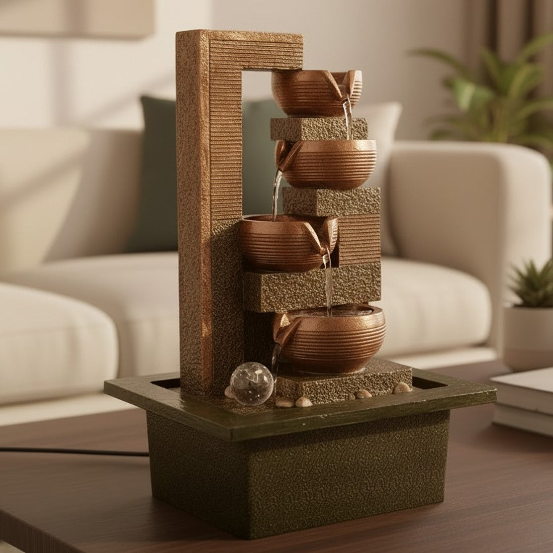 Table Top Water Fountain | Indoor 4 Steps Fountains with LED Lights Waterfall - For Vastu, Table, Office, Living Room, Home Decor & Gifts | House Warming Gift - 22 Inch - Apkamart