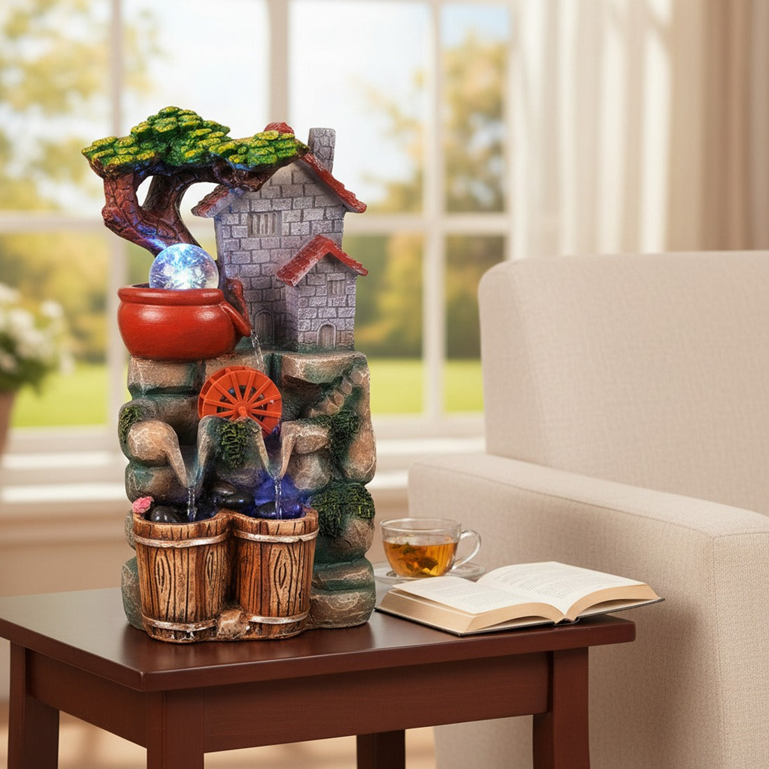 Table Top Water Fountain | Indoor Fountains with LED Lights - 3 Steps Hut Shape Waterfall - For Vastu, Table, Office, Living Room, Home Decor & Gifts - 13 Inch - Apkamart