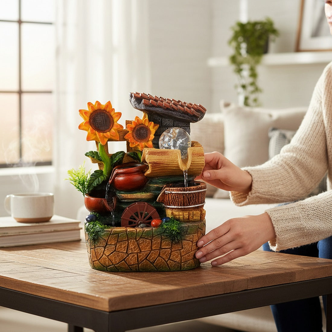 Indoor Water Fountain with LED Lights | Decoration Table Waterfall Cum Showpiece - For Vastu, Table, Office, Living Room, Home Decor | Wedding & House Warming Gift - 10 Inch - Apkamart