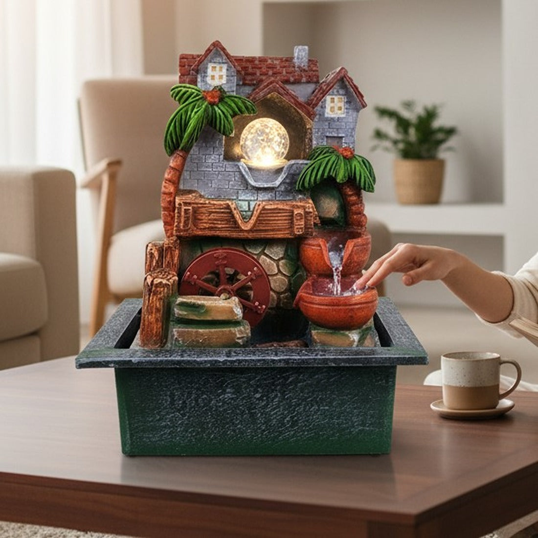 Indoor Water Fountain with LED Lights 3 Step Waterfall Cum Showpiece - For Vastu, Table, Office, Living Room, Home Decor & Gifts | Wedding & House Warming Gift - 14 Inch - Apkamart