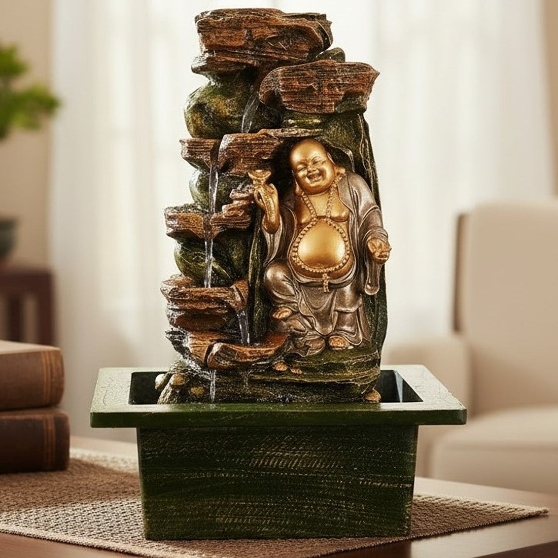 Table Top Water Fountain With Buddha Statue | Indoor Fountains with LED Lights Waterfall - For Vastu, Table, Office, Living Room, Home Decor & Gifts - 22 Inch - Apkamart