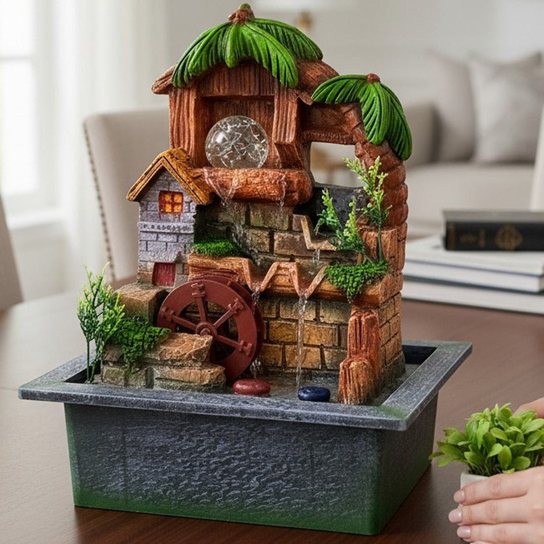 Table Top Water Fountain | Indoor Fountains with LED Lights - 3 Steps Waterfall - For Vastu, Table, Office, Living Room, Home Decor & Gifts | Wedding & House Warming Gift - 15 Inch - Apkamart