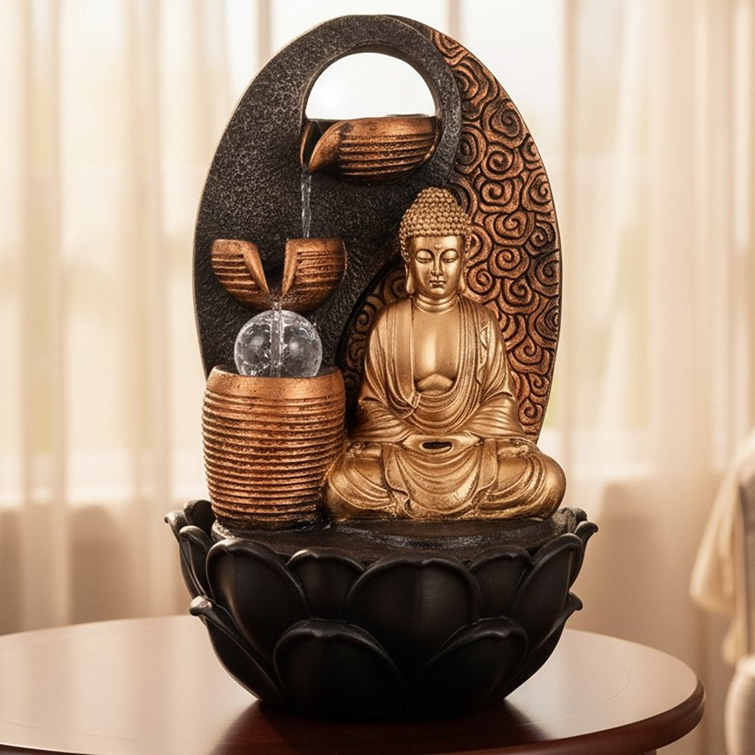 Indoor Buddha Water Fountain with LED Lights | Decoration Table 3 Steps Waterfall Cum Showpiece - For Vastu, Table, Office, Living Room, Home Decor & Gifts - 15 Inch - Apkamart