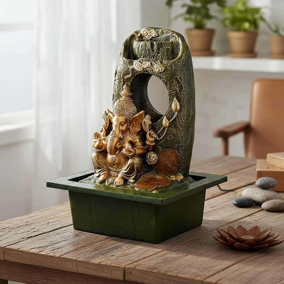 Table Top Water Fountain With Ganesh Statue | Indoor Fountains with LED Lights Waterfall - For Vastu, Table, Office, Living Room, Home Decor & Gifts - 21 Inch - Apkamart