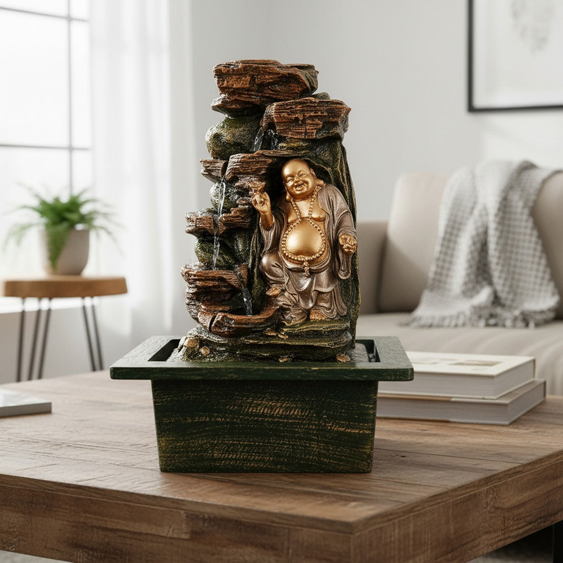 Table Top Water Fountain With Buddha Statue | Indoor Fountains with LED Lights Waterfall - For Vastu, Table, Office, Living Room, Home Decor & Gifts - 22 Inch - Apkamart