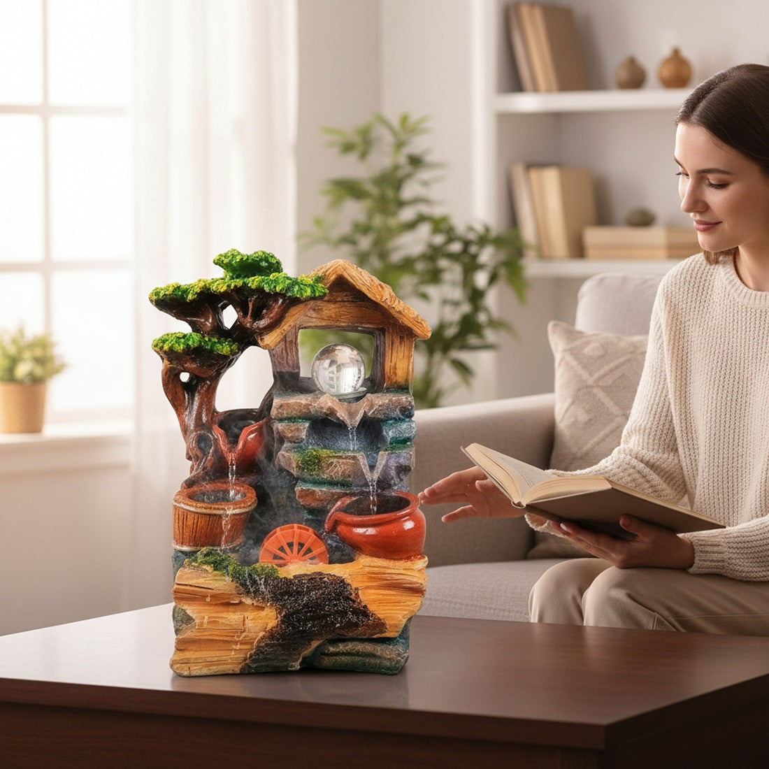 Table Top Water Fountain | Indoor Fountains with LED Lights - 3 Steps Waterfall - For Vastu, Table, Office, Living Room, Home Decor & Gifts - 13 Inch - Apkamart