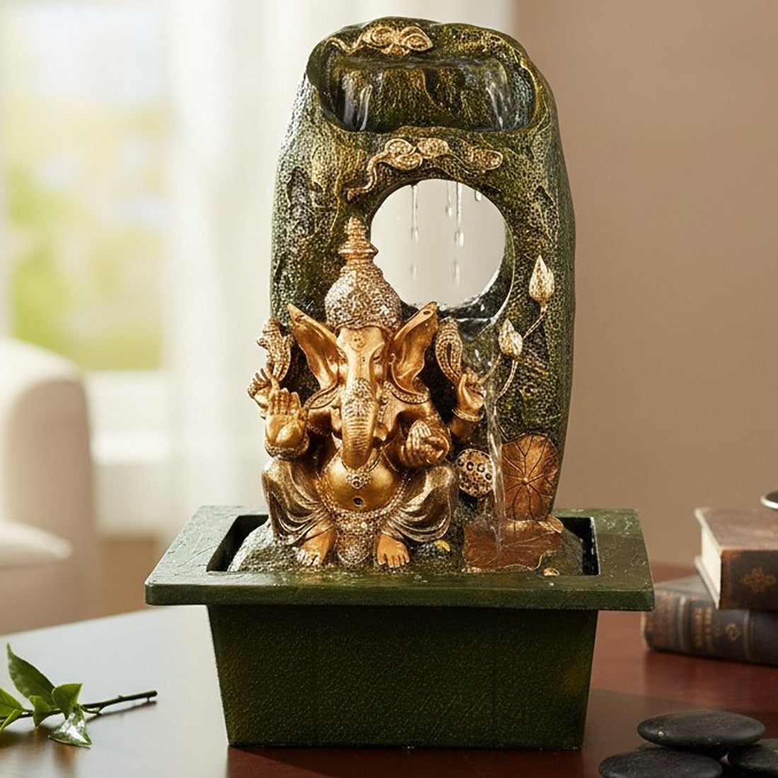 Table Top Water Fountain With Ganesh Statue | Indoor Fountains with LED Lights Waterfall - For Vastu, Table, Office, Living Room, Home Decor & Gifts - 21 Inch - Apkamart