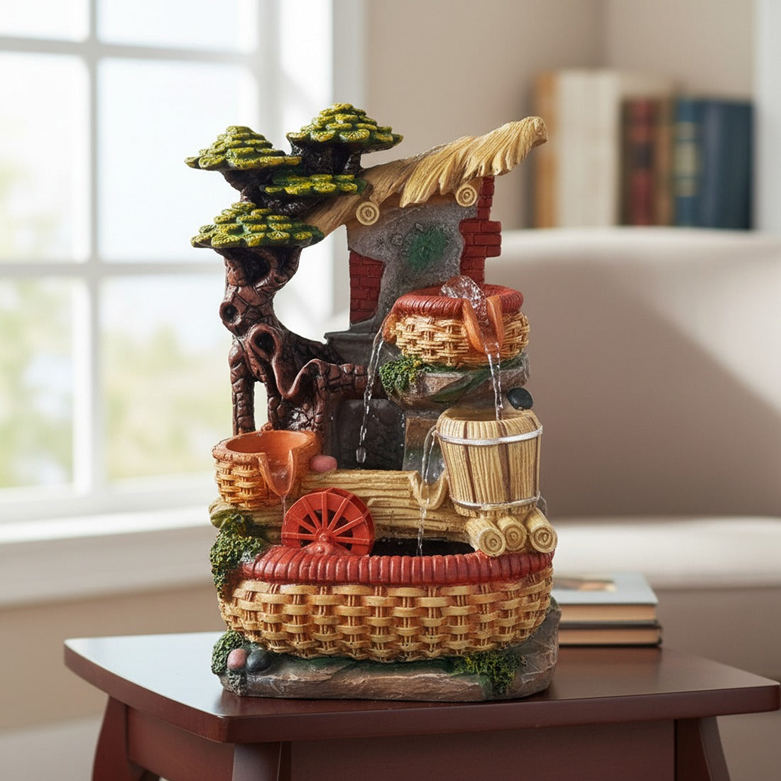 Indoor Water Fountain with LED Lights | Decoration Table Waterfall Cum Showpiece , 3 Steps Decor- For Vastu, Table, Office, Living Room, Home Decor & Gifts - 14 Inch - Apkamart