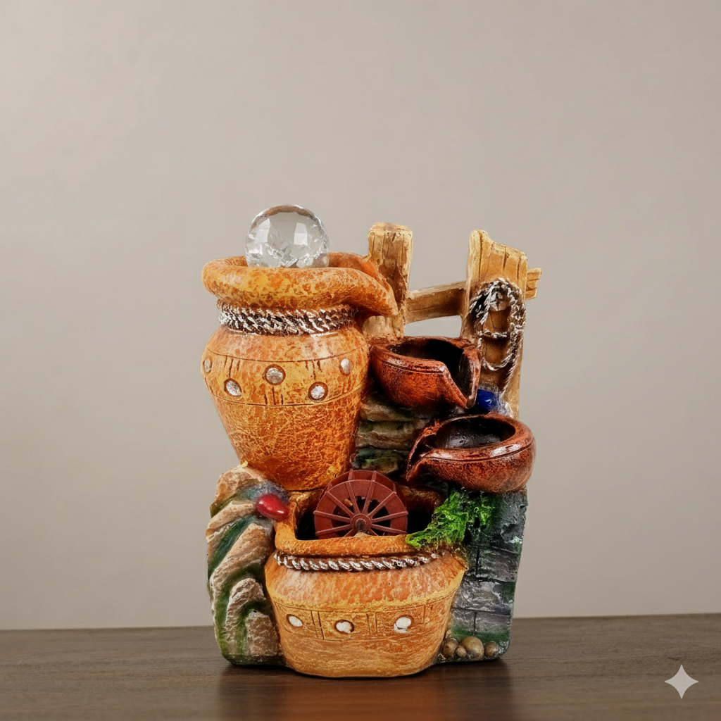 Indoor Water Fountain with LED Lights 3 Step Waterfall Cum Showpiece - For Vastu, Table, Office, Living Room, Home Decor & Gifts | Wedding & House Warming Gift - 10 Inch - Apkamart