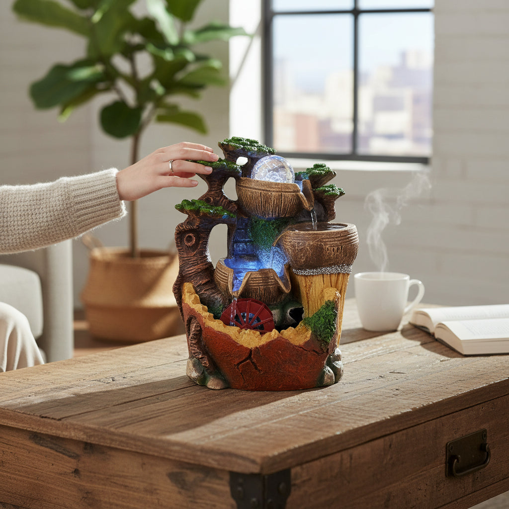 Indoor Water Fountain with LED Lights | 3 Step Waterfall Cum Showpiece - For Vastu, Table, Office, Living Room, Home Decor & Gifts | Wedding & House Warming Gift - 10 Inch - Apkamart