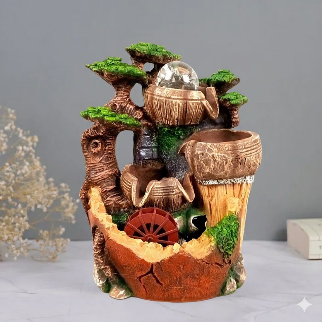 Indoor Water Fountain with LED Lights | 3 Step Waterfall Cum Showpiece - For Vastu, Table, Office, Living Room, Home Decor & Gifts | Wedding & House Warming Gift - 10 Inch - Apkamart