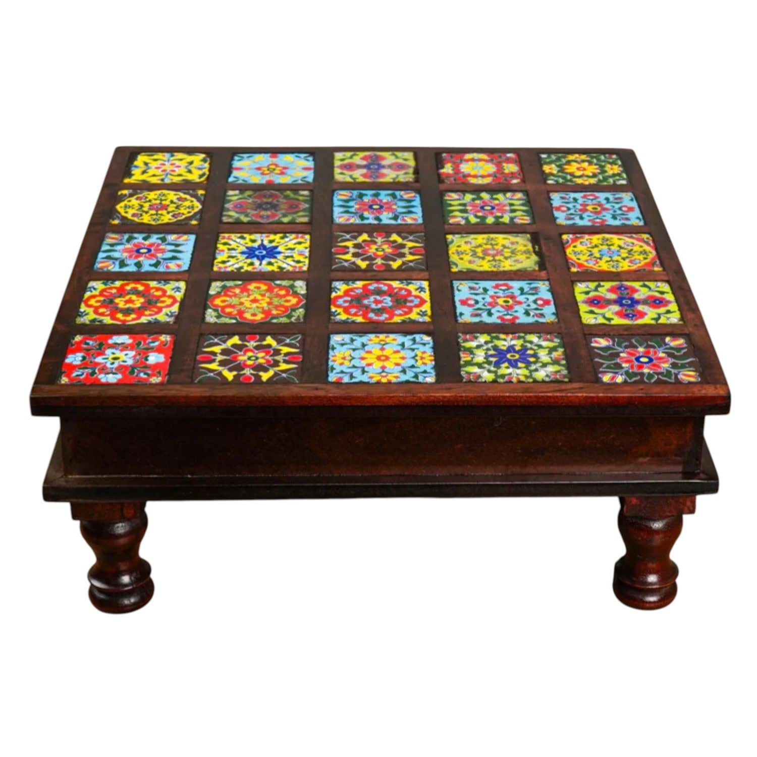 Wooden Pooja Chowki with Ceramic Tiles On Top | Decorative Bajot Pooja Chauki - For Home Decor, Temple, Living Room, Corners  - 11 Inch