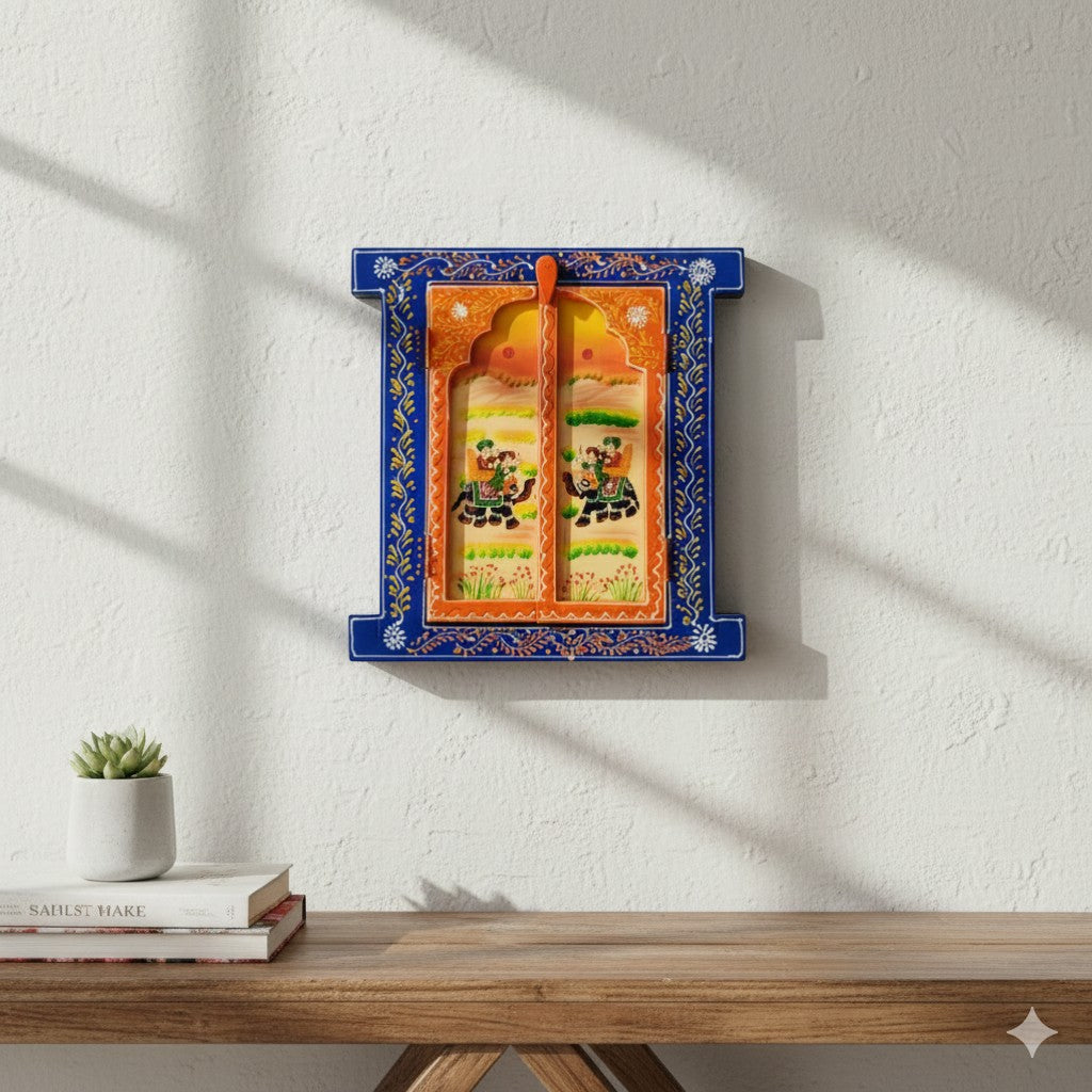 Jharokha Window Wall Hanging | Openable Multicolor Wooden Jharokha for Home Decor, Living Room, Entrance & Traditional Wall Art - 15 Inch - Apkamart