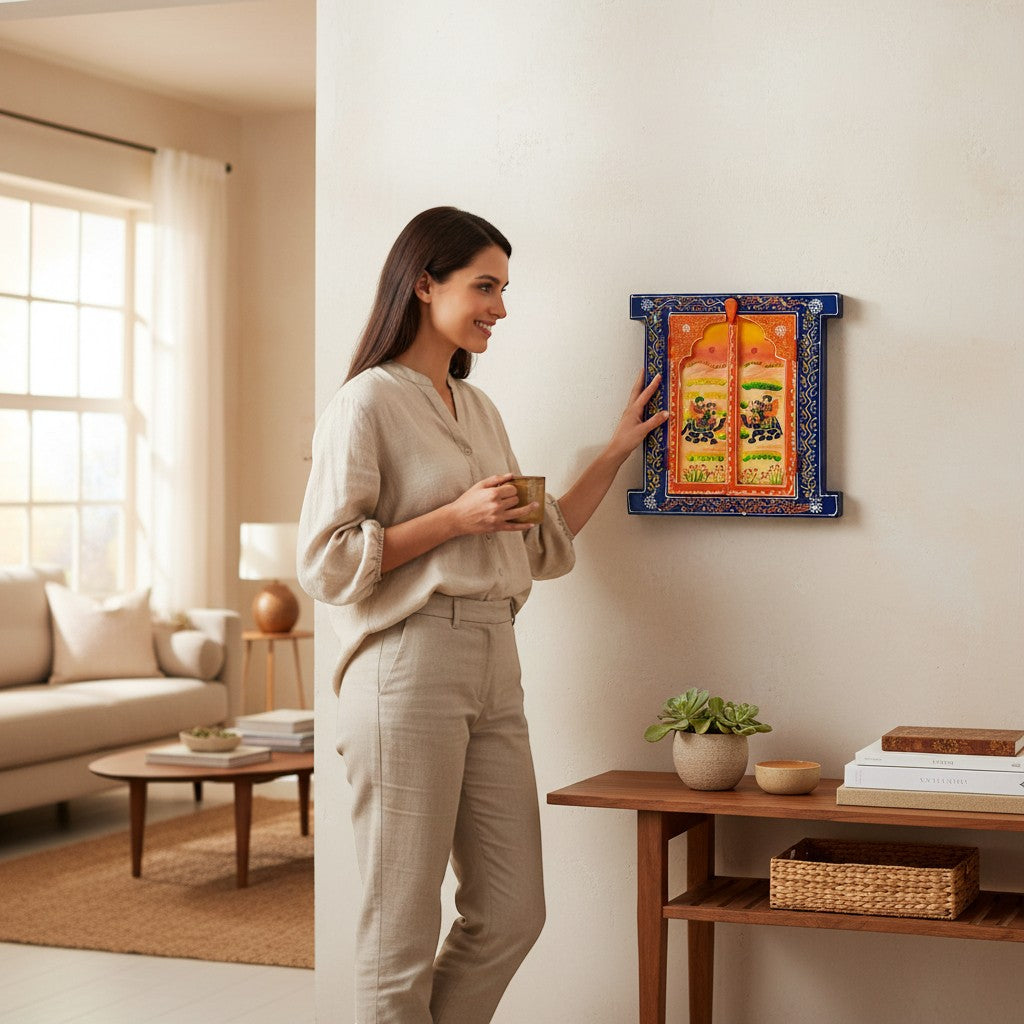 Jharokha Window Wall Hanging | Openable Multicolor Wooden Jharokha for Home Decor, Living Room, Entrance & Traditional Wall Art - 15 Inch - Apkamart