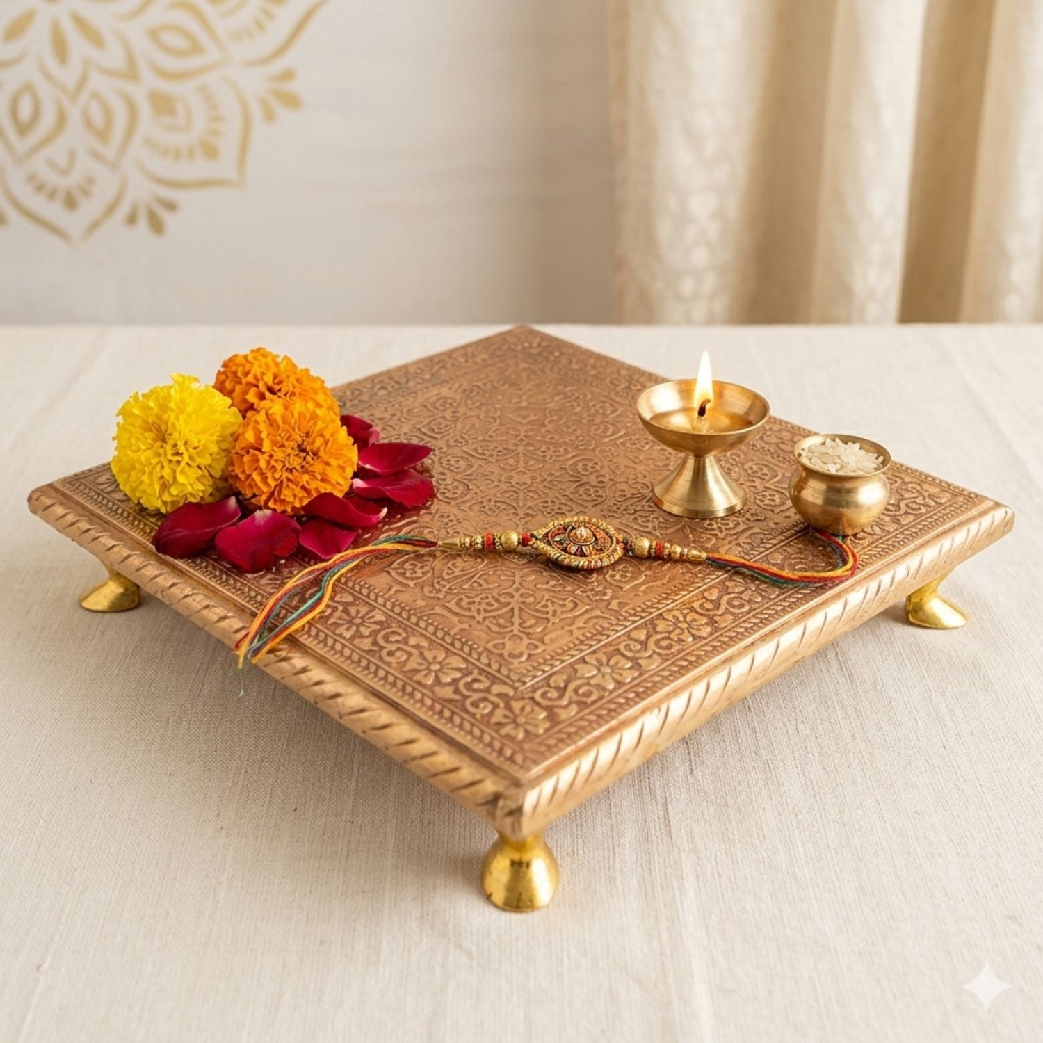 Wooden Puja Chowki Brass Bajot - 10 Inch-Apkamart