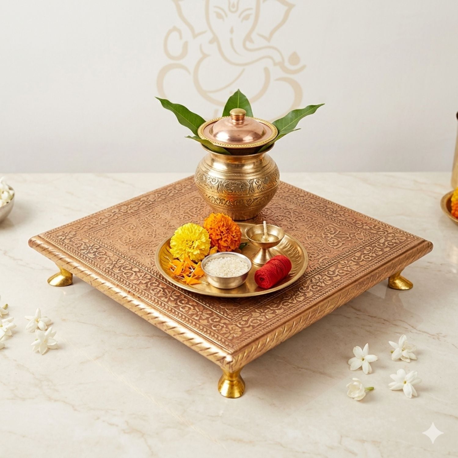 Wooden Puja Chowki Brass Bajot - 10 Inch-Apkamart