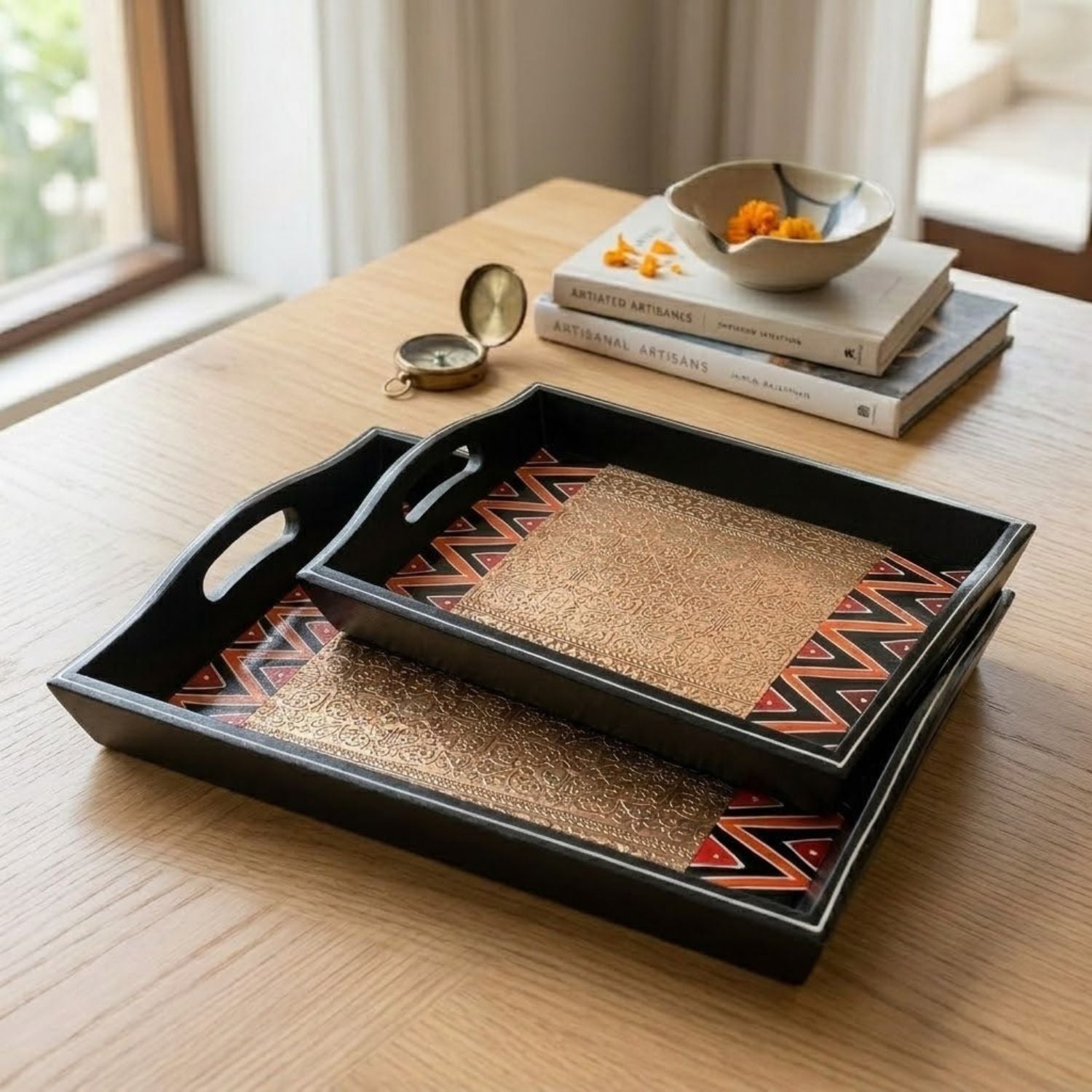 Wooden Tray Set Brass Embellished | Pack of 2 Trays - 13 Inch-Apkmart