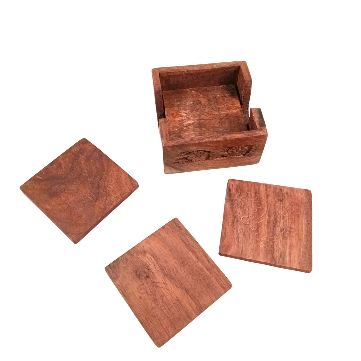 Wooden Coaster Set with Holder Box, Dining Table Decor- 4 Inch