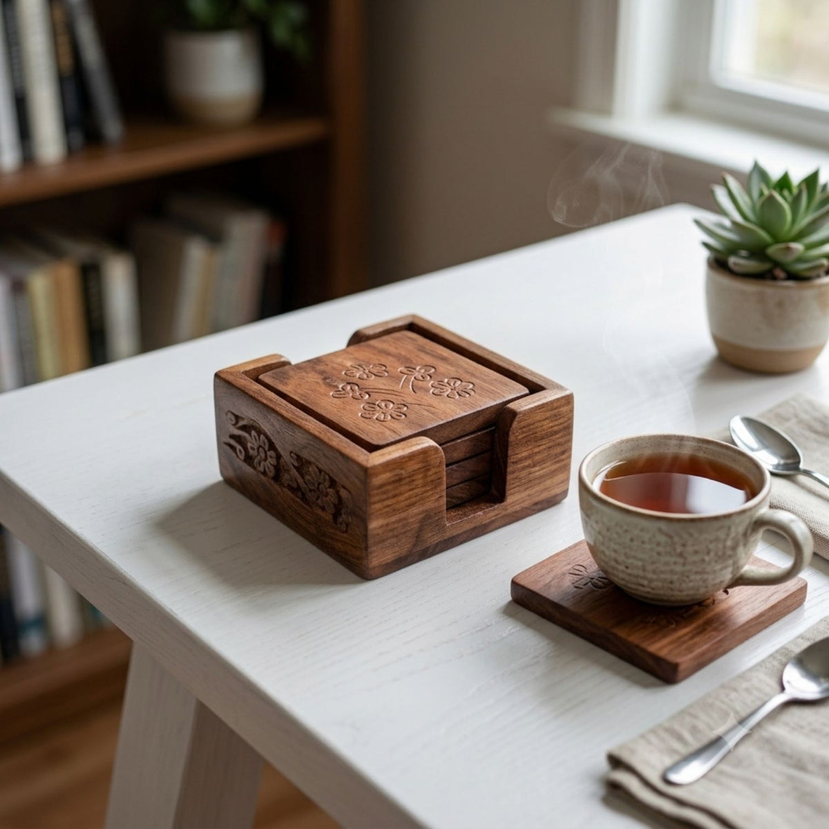 Wooden Coaster Set with Holder Box, Dining Table Decor- 4 Inch