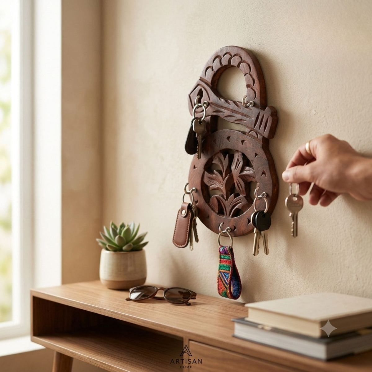 Wooden Key Holder Set of 3 - Lock Shape Wall Hooks