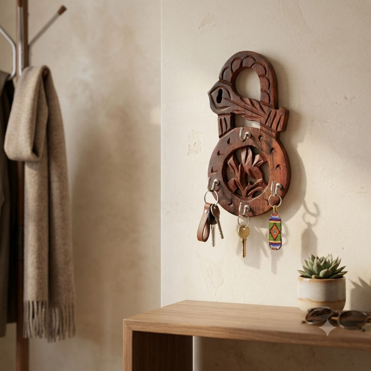 Wooden Key Holder Set of 3 - Lock Shape Wall Hooks
