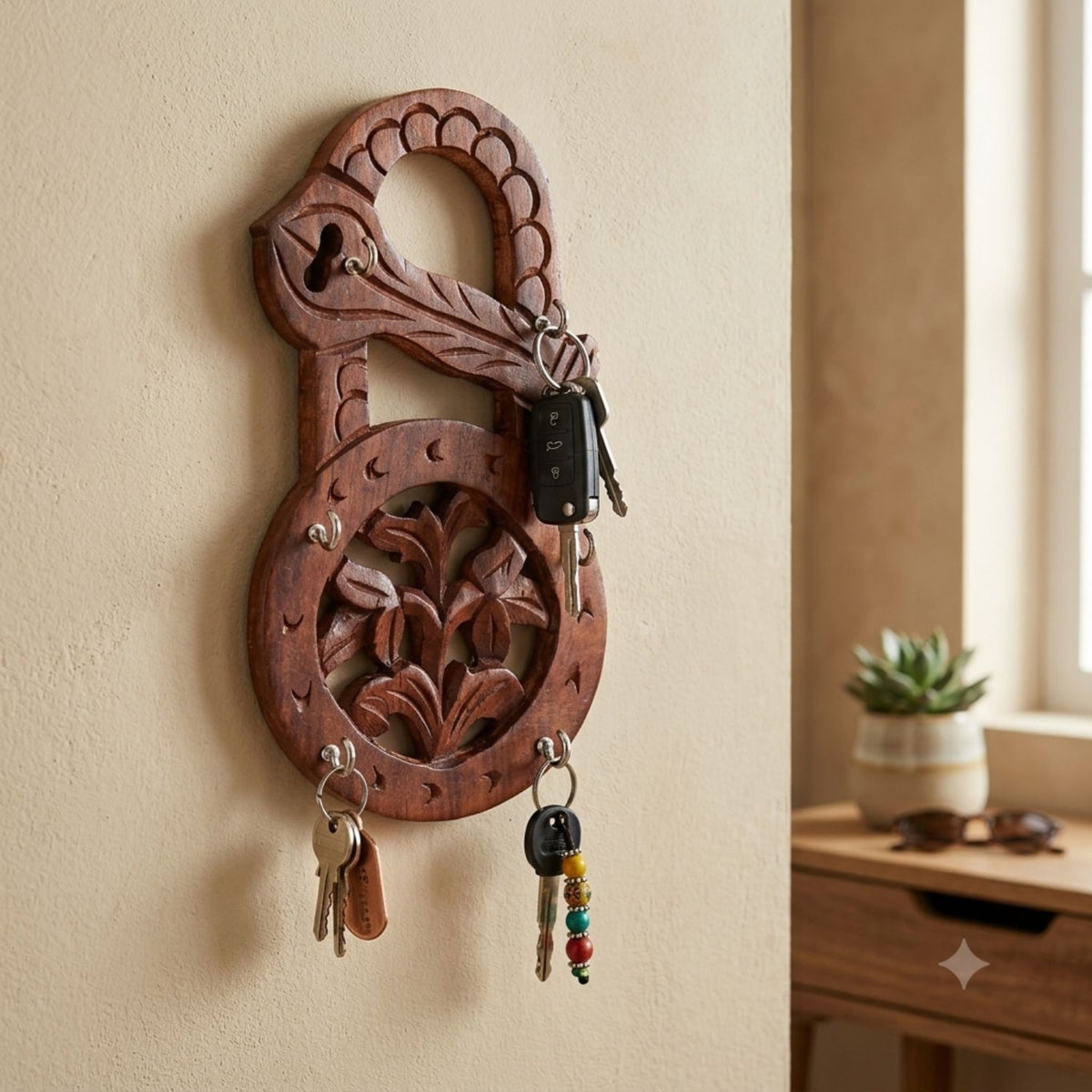 Wooden Key Holder Set of 3 - Lock Shape Wall Hooks