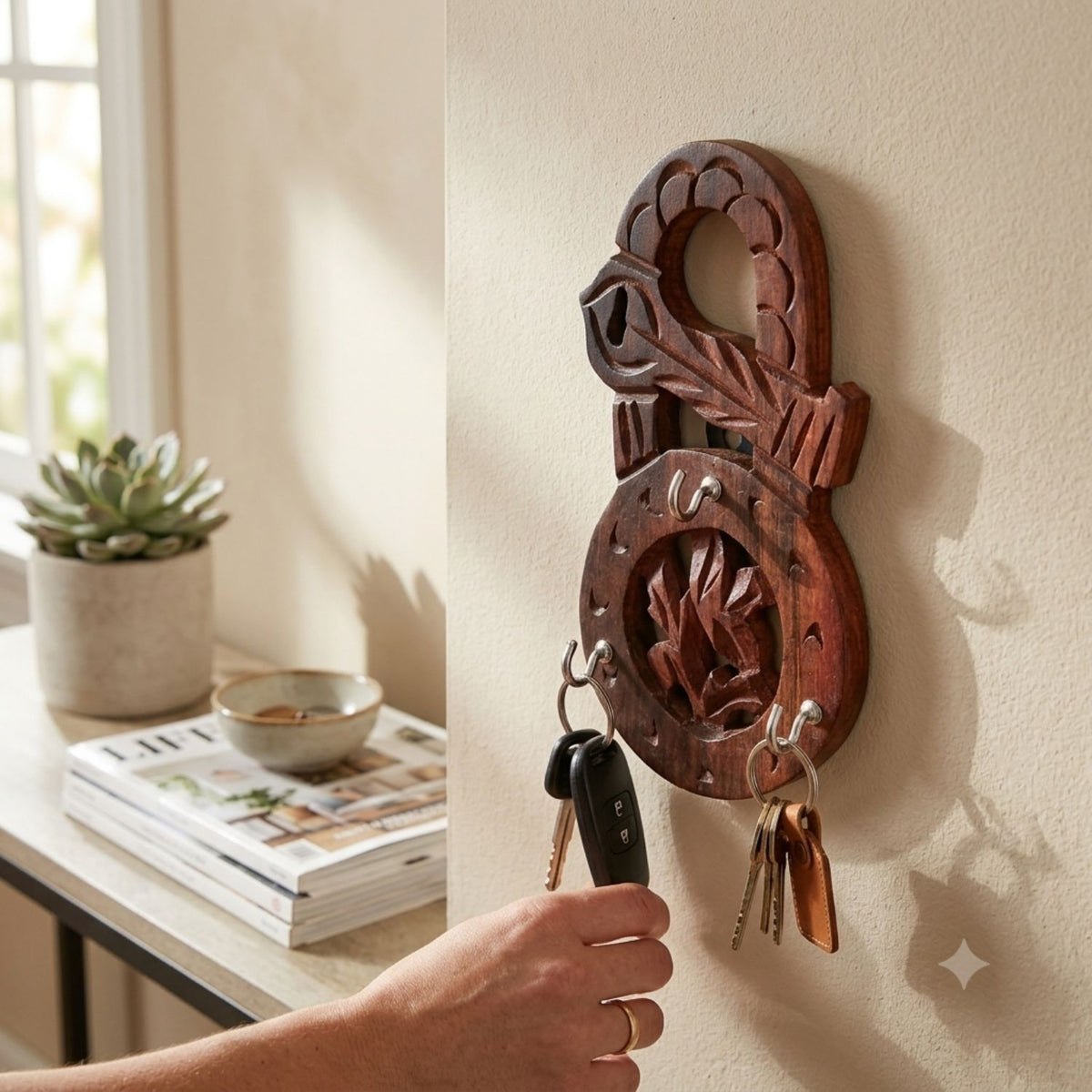 Wooden Key Holder Set of 3 - Lock Shape Wall Hooks