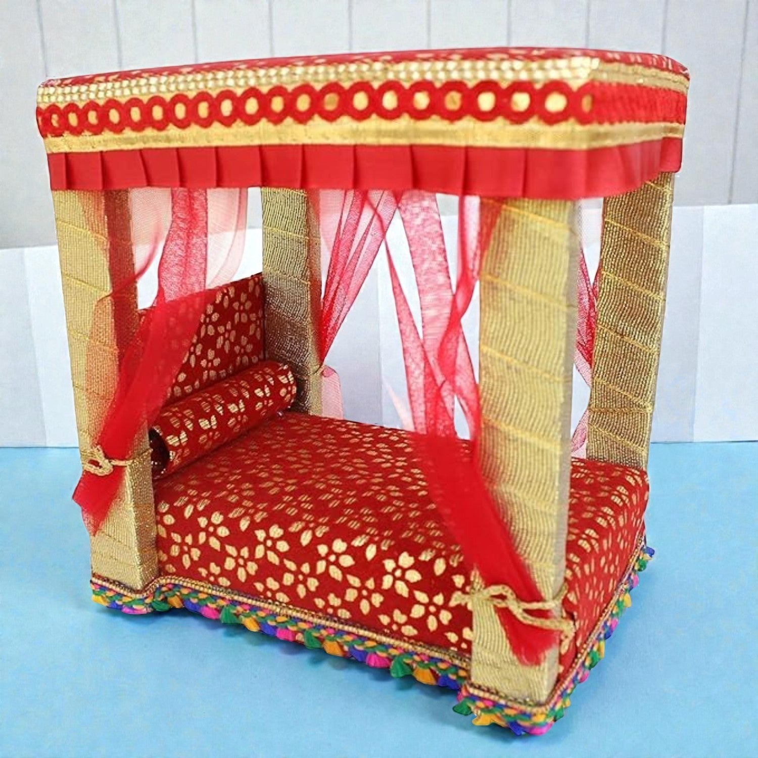 Wooden Bed for Kanha Ji | Laddu Gopal Mini Bed | Krishna Idol Wooden Bedi for Pooja Mandir Decoration | Janmashtami Special Bal Gopal Palna - 9 Inch - Apkamart