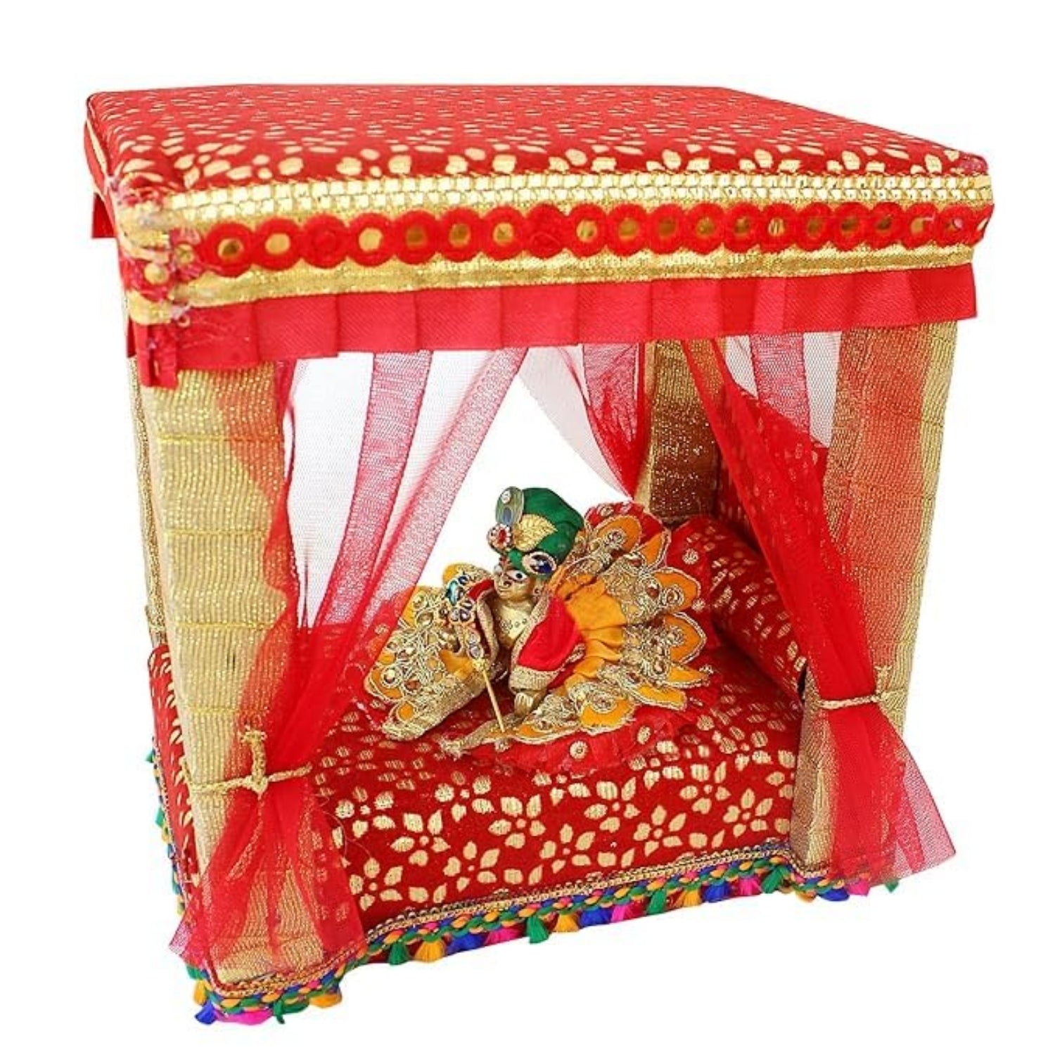 Wooden Bed for Kanha Ji | Laddu Gopal Mini Bed | Krishna Idol Wooden Bedi for Pooja Mandir Decoration | Janmashtami Special Bal Gopal Palna - 9 Inch - Apkamart