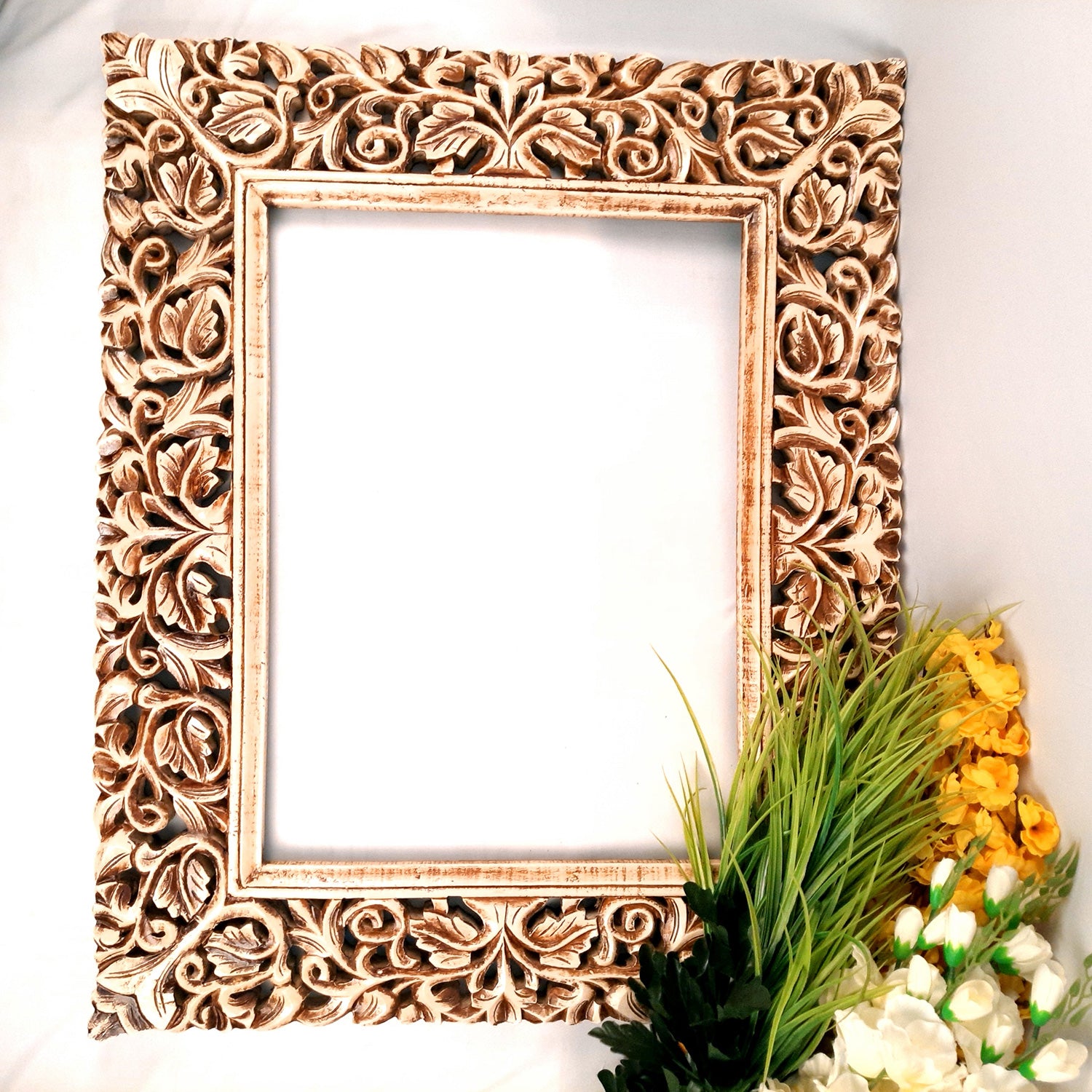 Wooden Frame Wall Hanging For Big Walls | Wood Frame With Intricate Carving For Photo, Paintings & Mirror - For Hotels, Resorts, Home, Wall Decor, Frames, Living room, Entrance Decoration - 35 Inch - Apkamart