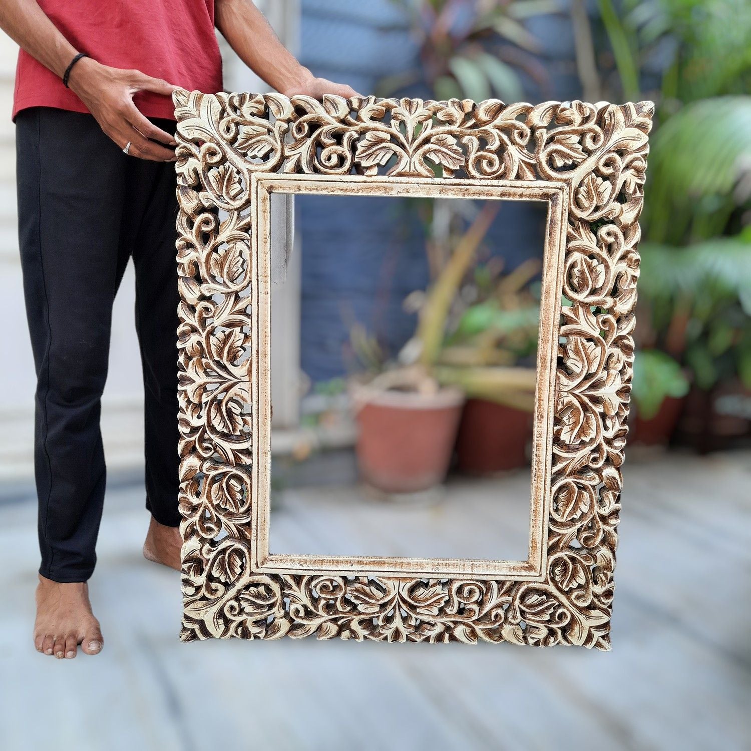 Wooden Frame Wall Hanging For Big Walls | Wood Frame With Intricate Carving For Photo, Paintings & Mirror - For Hotels, Resorts, Home, Wall Decor, Frames, Living room, Entrance Decoration - 35 Inch - Apkamart