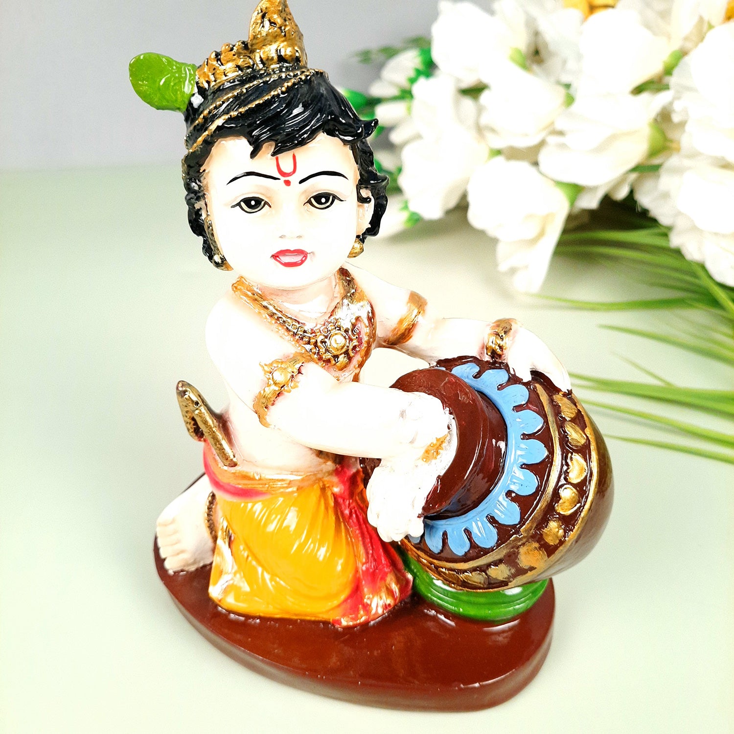 Bal Gopal Statue | Laddu Gopal Idol | Makhan Chor Baby Krishna Murti - for Pooja, Home, Office Decor & Gifts - 7 Inch - apkamart