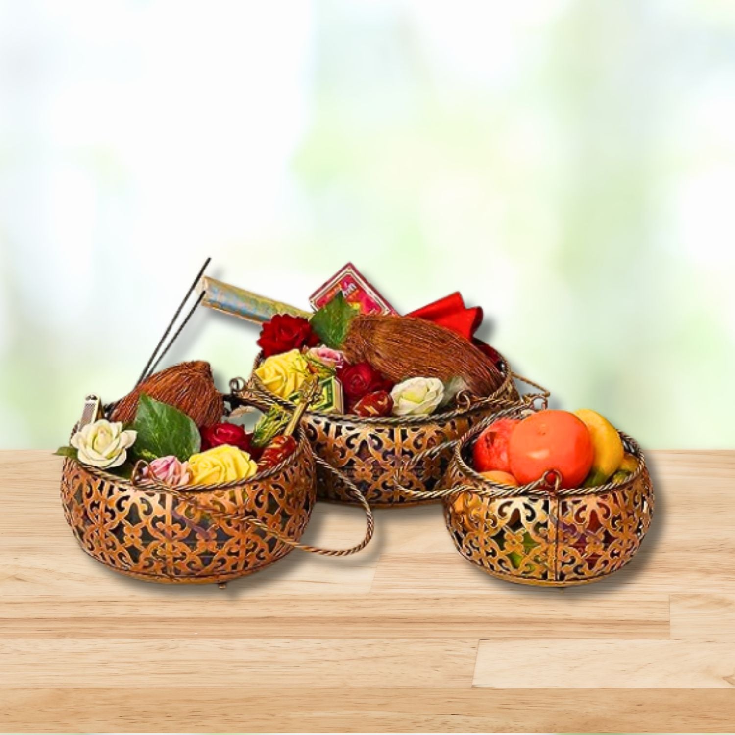 Decorative Metal Basket / Multipurpose Tokri With Handle - for Fruits, Puja, Flower | For Gift Hamper For Home Decor - 7 Inch - Apkamart #Size_Small