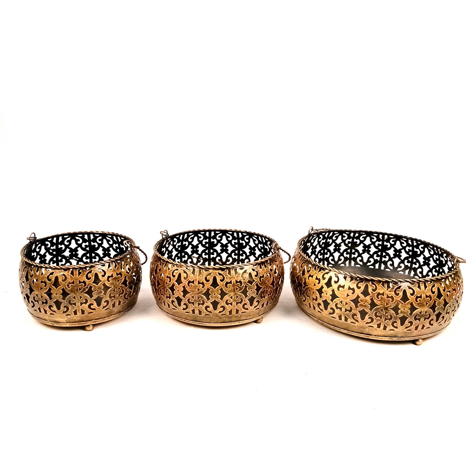 Decorative Metal Basket / Tokri With Handle Set - for Fruits, Puja, Flower | For Gift Hamper For Home Decor - Pack of 3 - Apkamart