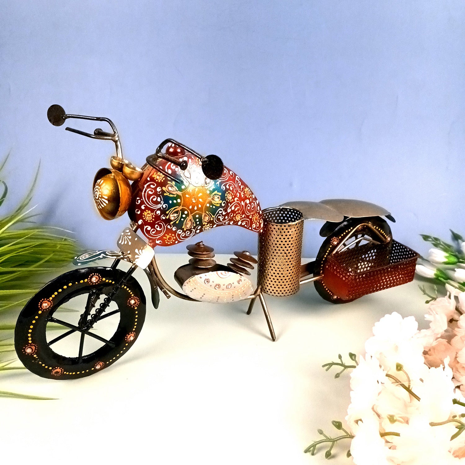 Bike Showpiece With Pen Holder & Side Basket For Card Holder | Stationary Organizers - For Study Table, Desk, Office, Dining Table, Kitchen, Home Decor - Apkamart