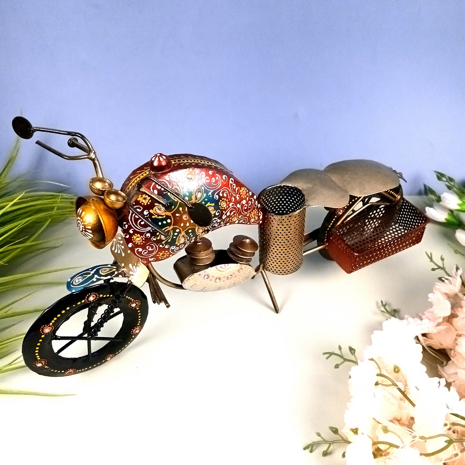 Bike Showpiece With Pen Holder & Side Basket For Card Holder | Stationary Organizers - For Study Table, Desk, Office, Dining Table, Kitchen, Home Decor - Apkamart