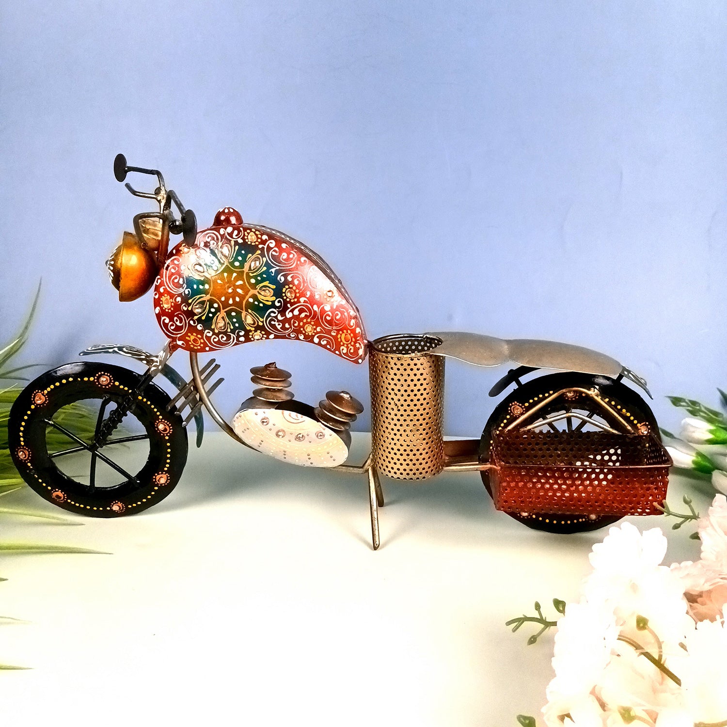 Bike Showpiece With Pen Holder & Side Basket For Card Holder | Stationary Organizers - For Study Table, Desk, Office, Dining Table, Kitchen, Home Decor - Apkamart